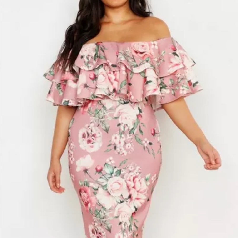 Boohoo Plus Off Shoulder Floral Ruffle Midi Dress
